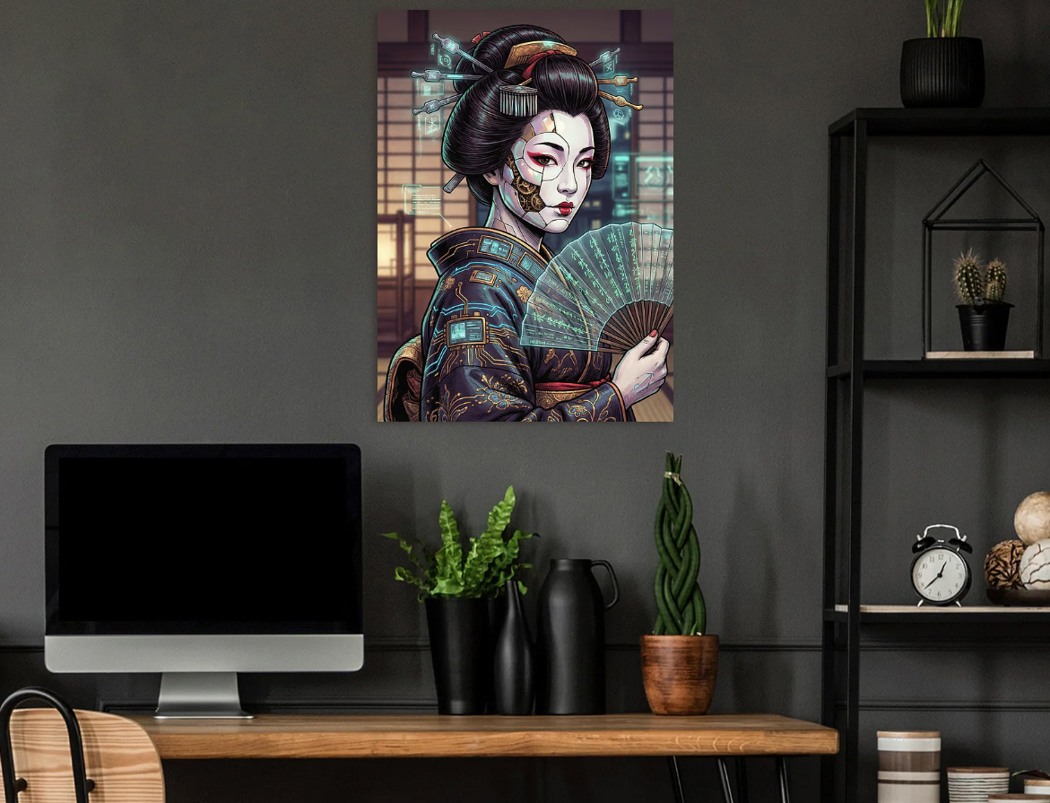 Cyberpunk Geisha with Futuristic Mask — metal poster wall art by Lineer